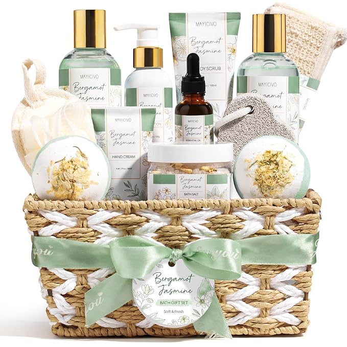 Birthday Gifts for Women, Bergamot Jasmine Relaxing Spa Gift Baskets for Women Self Care Package Bath Gift Set, Home Bath and Body Kit Pampering Valentines Day Gifts for Her Womens Mom Friends Sister - Bloomnest