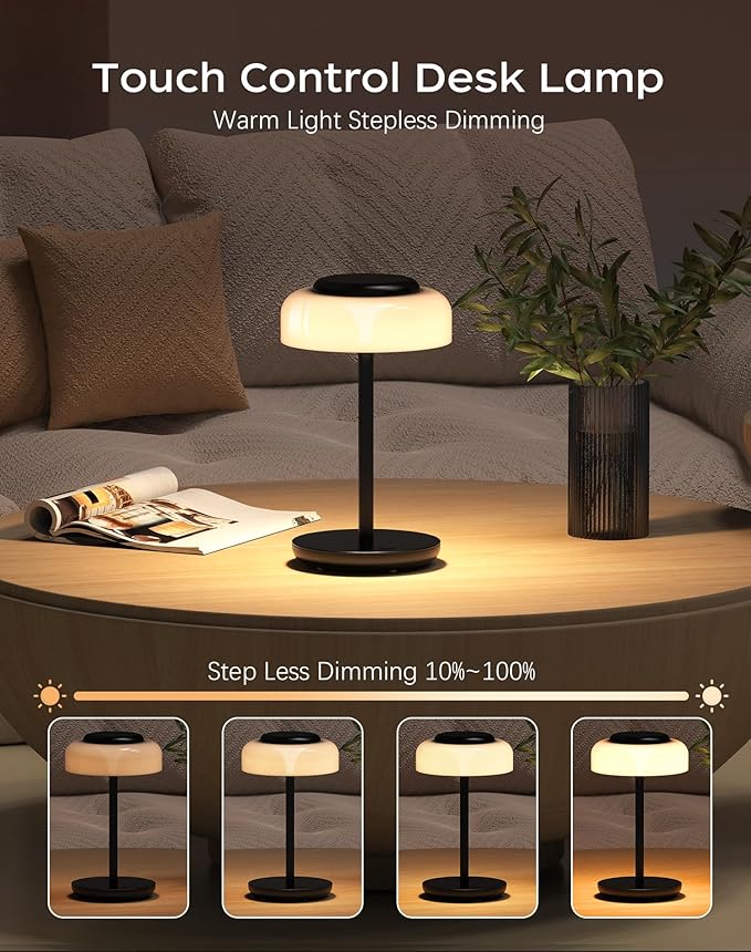 QiMH Battery Operated LED Table Lamp for Living Room, 5000mAh Cordless Desk Lamp with Stepless Dimmable Touch Control, Mini Rechargeable Night Light for Bedroom, Outdoor bar (Black-RGB) - Bloomnest