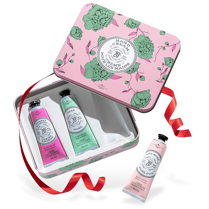 La Chatelaine Rose Hand Cream Trio Tin Gift Set, Ready-To-Gift Tin, Nautral, Made in France with 20% Organic Shea Butter, Nourishing and Moisturizing (Cherry Almond, Pear, Oud Rose) - Bloomnest