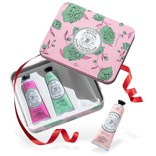 La Chatelaine Rose Hand Cream Trio Tin Gift Set, Ready-To-Gift Tin, Nautral, Made in France with 20% Organic Shea Butter, Nourishing and Moisturizing (Cherry Almond, Pear, Oud Rose) - Bloomnest