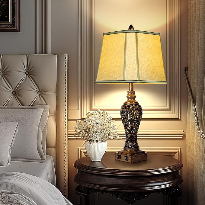 28.5'' Tall Farmhouse Vintage Table Lamp Set of 2 with Faux Silk Shade USB Ports Nightlight Decor for Bedside Living Room Bedroom Nightstands Office Home, Dark Bronze(Bulbs Included) - Bloomnest
