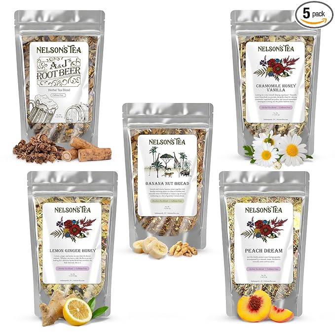 Nelson's Tea Favorites Sampler Pack - Caffeine Free - Loose Leaf Tea Sampler - A&J's Root Beer 2oz, Banana Nut Bread 2oz, Chamomile Honey Vanilla 1.1oz, Lemon Ginger Honey 1.6 oz, Peach Dream 2 oz - Bloomnest