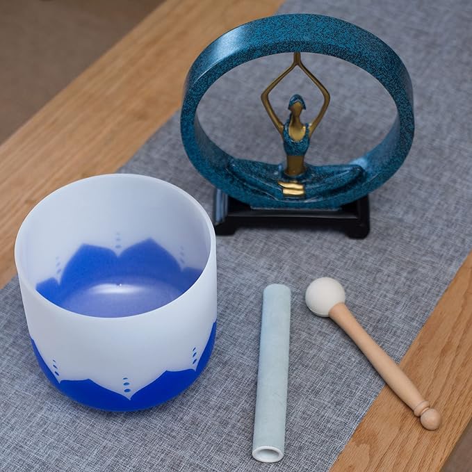 Leize Quartz Crystal Singing Bowl 432hz A Note Third Eye Chakra Indigo Lotus Design 7" Wide with Suede Striker - Bloomnest