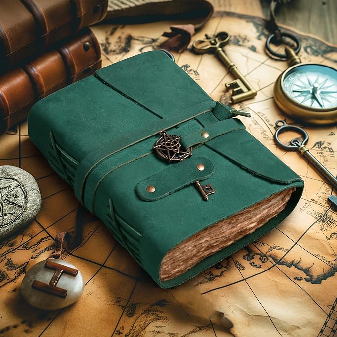 LEATHER VILLAGE Leather Bound Vintage Journal for Women & Men - 13"X8"(A4), Turquoise, 200 Pages of Handmade Deckle Edges Watercolor Paper - Antique Lock Closure - Book of Shadow - Bloomnest