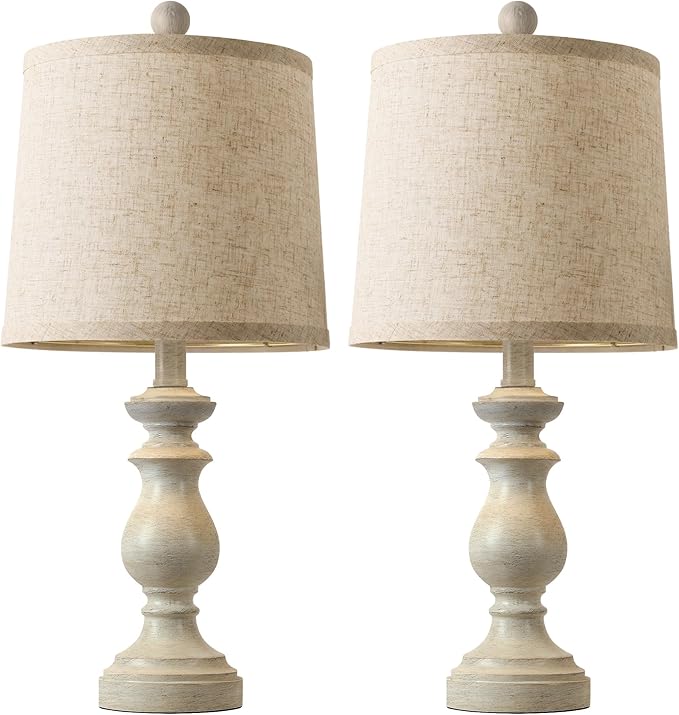 PARTPHONER Traditional Table Lamp Set of 2, Rustic Farmhouse Table Lamps for Living Room Bedroom, 22" Bedside Desk Lamps Vintage Nightstand Lamps with Linen Shades, Antique White - Bloomnest