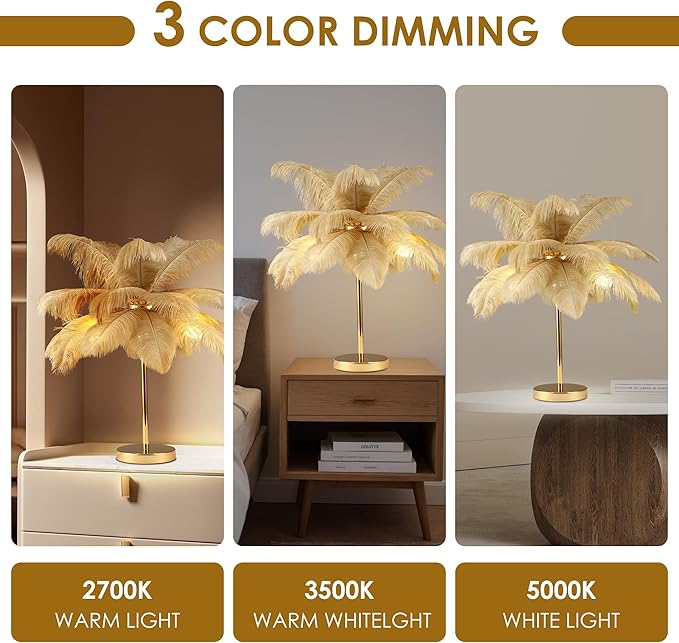 MAYOLA Modern Ostrich Feather Table Lamp with Plug in Wire,3-Light Bedside Floor Lamp for Living Room, Bedroom and Office 24” Tall Feather Desk Lamp (Ostrich Color, Table Lamp-Metal) - Bloomnest