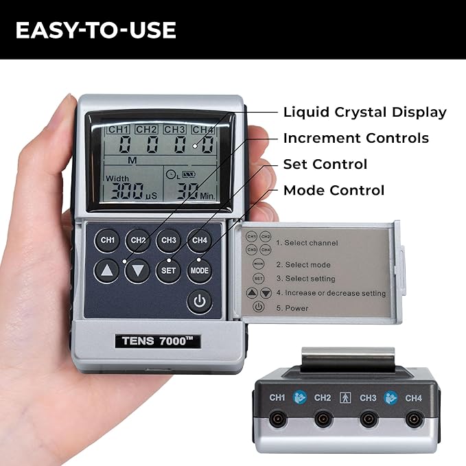 TENS 7000 Pro Rechargeable Tens Unit Muscle Stimulator, 4 Channels, Back Pain Relief, 8 Electrodes/Unit Pads, EMS and TENS Machine, Muscle Recovery & Growth, Stim Machine, Electrotherapy TENS7000