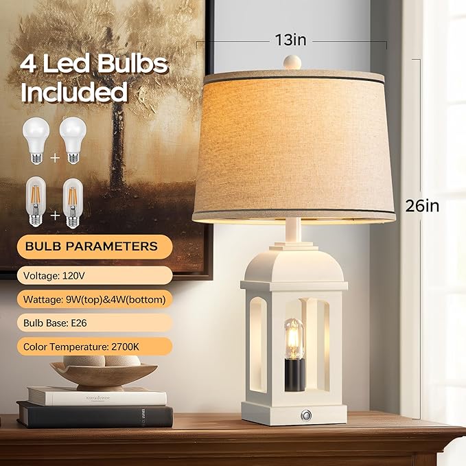 QiMH Table Lamp for Living Room, Farmhouse Lamps Set of 2 with USB A+C and Nightlight, 26" Rustic Bedside Lamps with 3-Way Dimmable, Touch Nightstand Lamp for Bedroom, White - Bloomnest