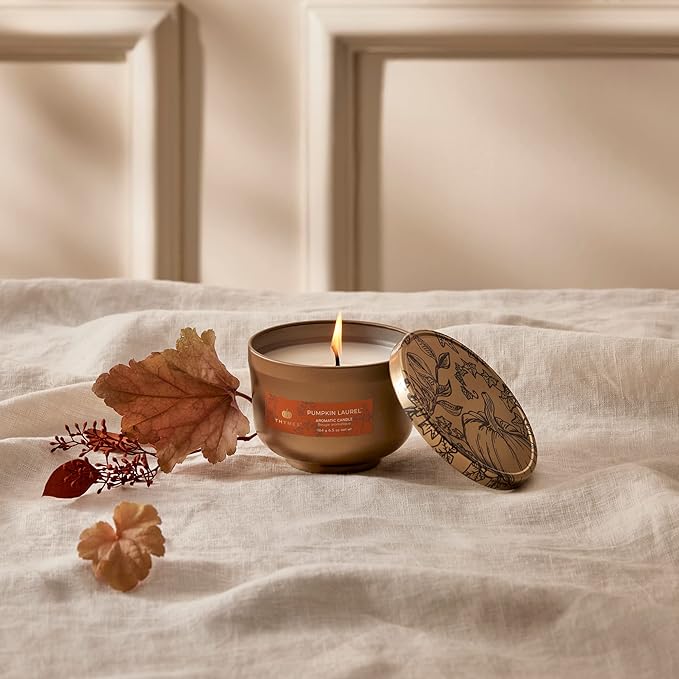 Thymes Scented Candles for Women & Men – Tin with Lid – Luxury Home Decor – Pumpkin Candles with Notes of Nutmeg, Cinnamon, Clove, & Orange Peel – Fall Decor (Pumpkin Laurel, 6.5 oz) - Bloomnest