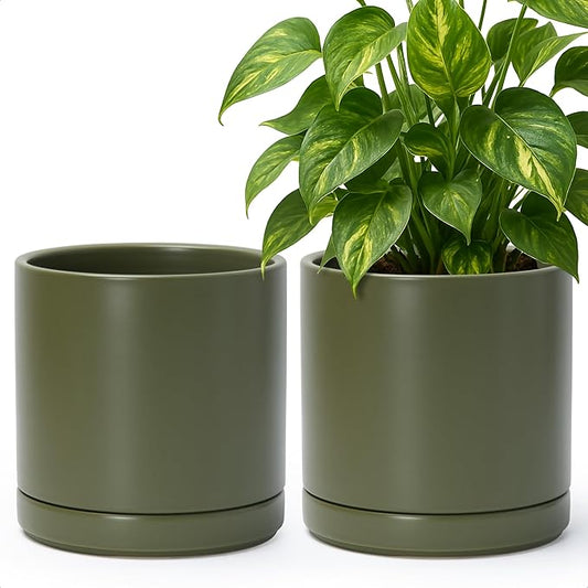 D'vine Dev Set of 2 Plants Pots, 8.2 Inch Ceramic Planter Pot for Plants with Drainage Hole and Saucer, Olive, 94-V-D-J - Bloomnest