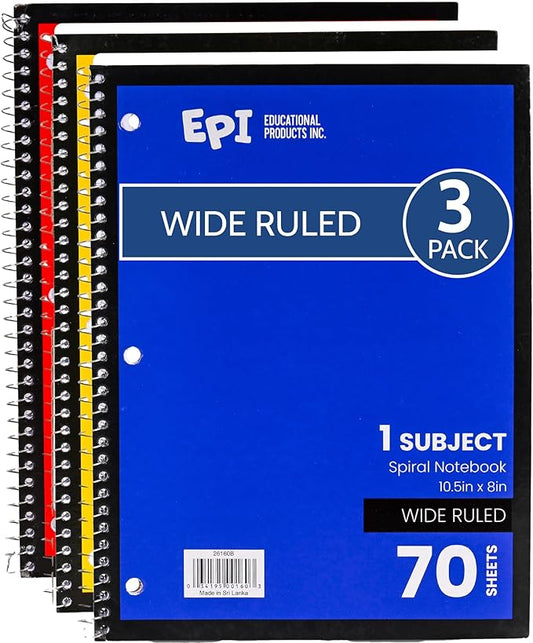 EPI Spiral Notebook | Wide - 70 Sheets, Durable Spiral Binding | 10.5 x 8 in | Classroom Supplies | School, Office, Note Taking, Journaling - 3 Pack - Bloomnest