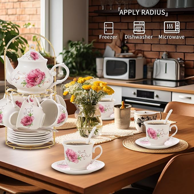 20-Pieces Tea Set For Adult with Golden Metal Rack,Porcelain Tea Sets For Women,Tea Gift Sets for Home&Party(015) - Bloomnest