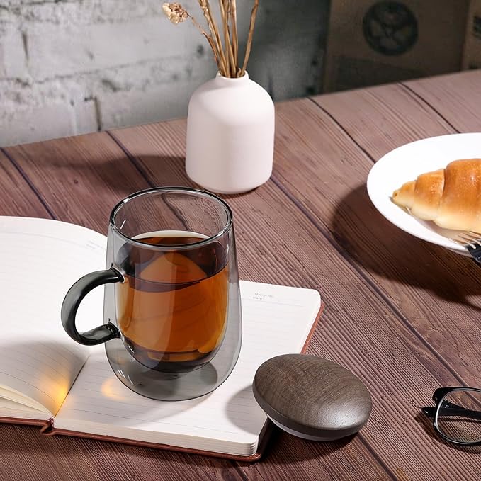 glastal Tea Infuser Mug 14.5oz Glass Tea Cup with Removable Stainless Steel Infuser and Lid, Double-walled Black Glass Tea Cup Teacup for Loose Leaf Tea, Birthday for Parents Dad Mum Friends Office - Bloomnest