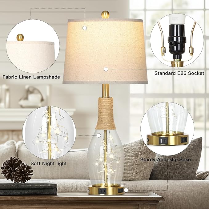 27.5" Coastal Glass Table Lamps Set of 2, Touch Control 3-Way Dimmable Modern Table Lamps with USB A+C Ports & AC Outlets, Farmhouse Rustic Boho Vintage Night Light for Living Room Bedroom Gold Ocean - Bloomnest