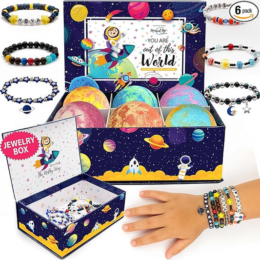 Bath Bombs for Kids with Surprise Inside, Bath Bombs with Surprise Jewelry & Jewelry Box - Organic, Skin Moisturizing, Natural Kids Space Galaxy Bracelets, Stocking Stuffers Christmas Gifts for Kids - Bloomnest