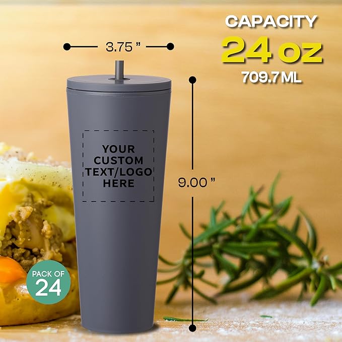 DISCOUNT PROMOS Custom Kenai Plastic Tumblers with Straw 24 oz., Set of 24, Personalized Bulk Pack - Ideal for Busy Professionals, With lids, Ice Coffee Tumbler, To Go Cup, Insulated - Charcoal - Bloomnest
