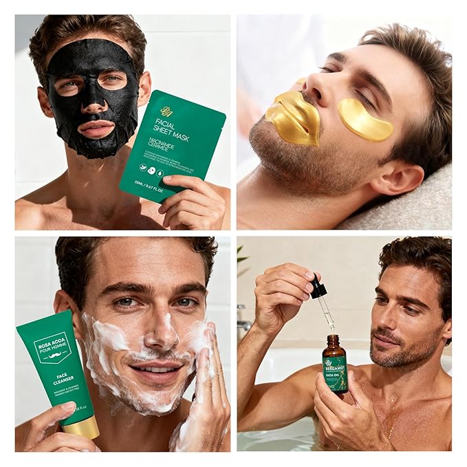 Valentines Day Gifts for Men, 30 Pcs Men Bergamot Facial Skin Care Set, Beard Grooming Kit, Spa and Bath, Self-Care Gift, Face Cleanser, Beard Oil, Serum, Parfume, Birthday, Christmas, Husband, Dad