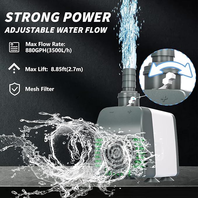 Pond Pumps 880GPH Submersible Water Pump with 10ft long cord for Fountains, Hydroponics, Ponds, Aquariums & More - Bloomnest