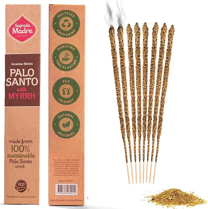 Sagrada Madre 8pcs Wildly Harvested Thick Palo Santo Incense Sticks (Myrrh), 9” Long - Eco Friendly, Non-Toxic, Aromatic Incense Sticks (1hr Burning Time) to Heal & Calm Your Body and Environment SagradaMadre