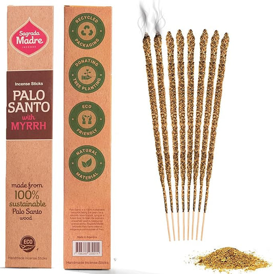 Sagrada Madre 8pcs Wildly Harvested Thick Palo Santo Incense Sticks (Myrrh), 9” Long - Eco Friendly, Non-Toxic, Aromatic Incense Sticks (1hr Burning Time) to Heal & Calm Your Body and Environment SagradaMadre