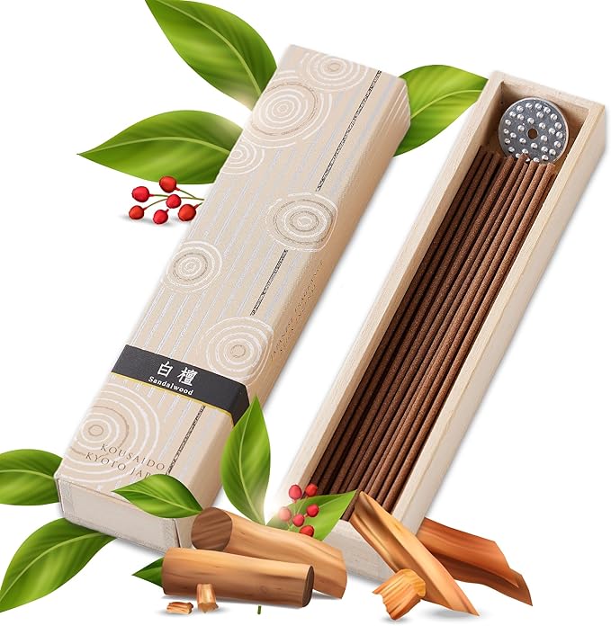 Hasegawa Hyakurakuko Premium Japanese Sandalwood Incense - Long Type, 40 Sticks with Aluminum Holder, 20-30 Min Burn Time, Made in Japan 線香 百楽香 (Sandalwood) %E3%81%AF%E3%81%9B%E3%81%8C%E3%82%8F%EF%BC%88Hasegawa%EF%BC%89
