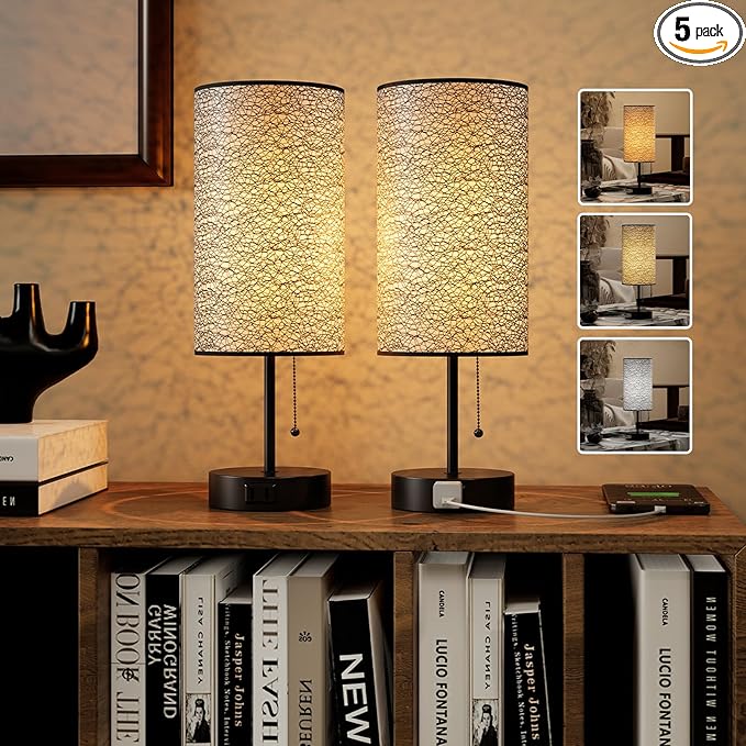 Table Lamp for Bedroom,Nightstand Lamp for Bedside with AC Outlets,Adjustable 3color LED Light Desk Lamp for Home Decor,Included Bulb and Lamp Shade (Black-OnlyAC, 2PCS) - Bloomnest