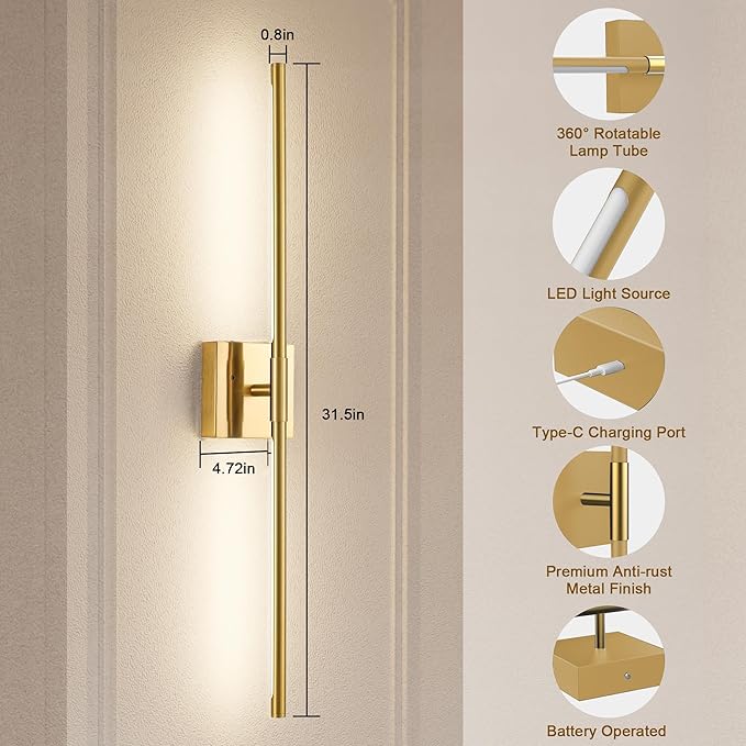 31.5 Inch Battery Operated Wall Sconce Set of Two, 8000mAh USB Rechargeable Wall Sconce with Remote Control, 360°Rotate Dimmable 3000K-6000K LED Wall Lights for Living Room, Hallway, Bedroom, Gold - Bloomnest