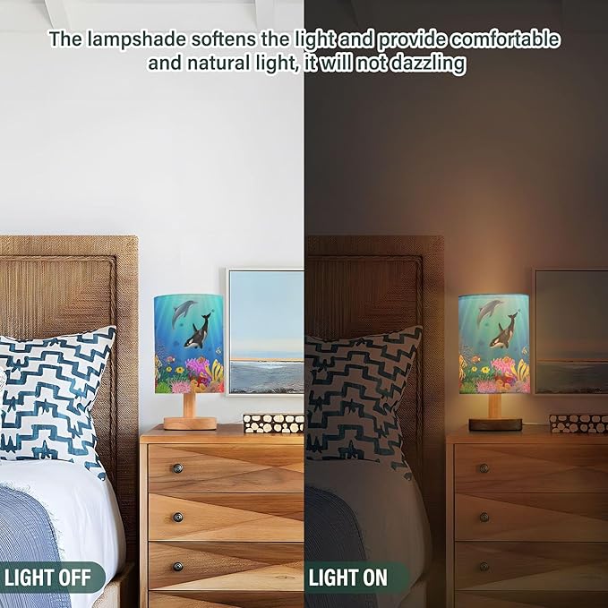 Table Lamp Cartoon Dolphin Killer Whale Sea Fish Coral Underwater in Ocean Nightstand Lamp with Wood Base Fabric Lamp Shade Bedside Desk Lamp for Living Room Bedroom Kids Room Office - Bloomnest