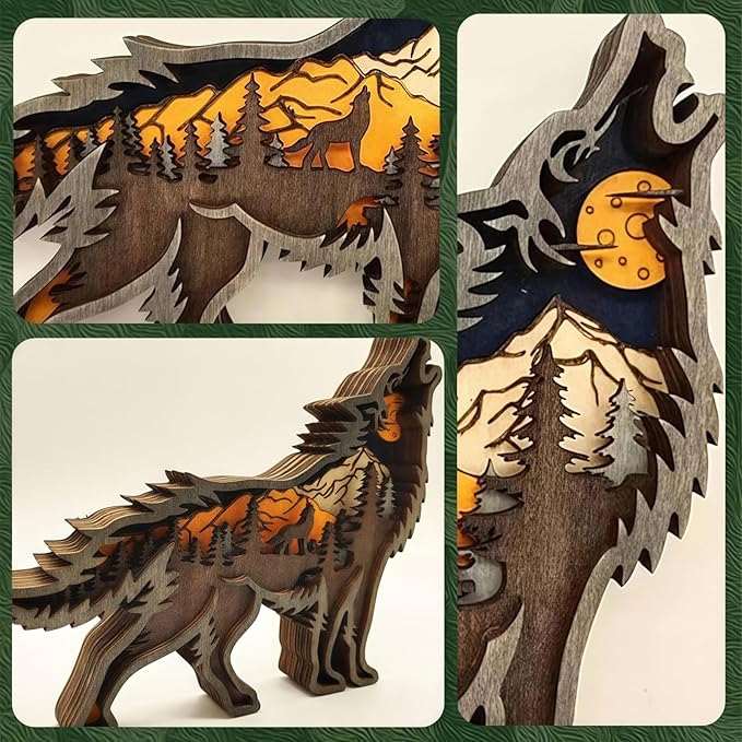 3D Wood Carving Animals Lamp Home Decorative, Cute Bear Family Elephant Presents Ideas Christmas Living Room Office Decor Warm LED Night Lights Gift for Friend Daughter Son Mom Dad (Wolf) - Bloomnest