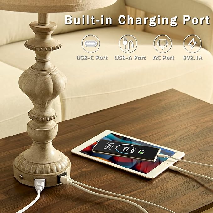 27.5" Farmhouse Table Lamps Set of 2 Bedside Nightstand Lamp with USB C+A Ports & AC Outlet, 3 Way Dimmable Touch Lamps for Bedroom Living Room Office Rustic Lamp (Gray) - Bloomnest