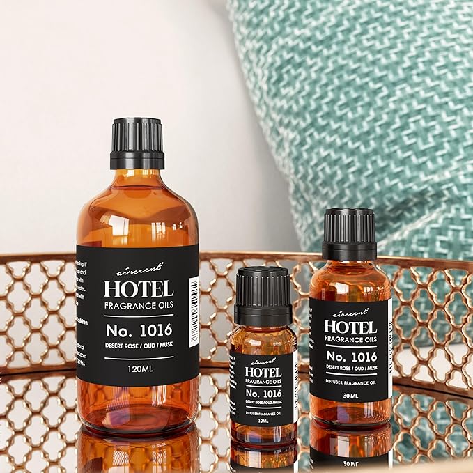 AirScent Hotel Diffuser Oil No. 1016 - Hotel Scent Dupe - Caraway Desert Rose and Oud - Premium Fragrance Oil for Ultrasonic and Waterless Diffusers and Crafting - 120 mL, 4 fl oz Glass Dropper Bottle - Bloomnest