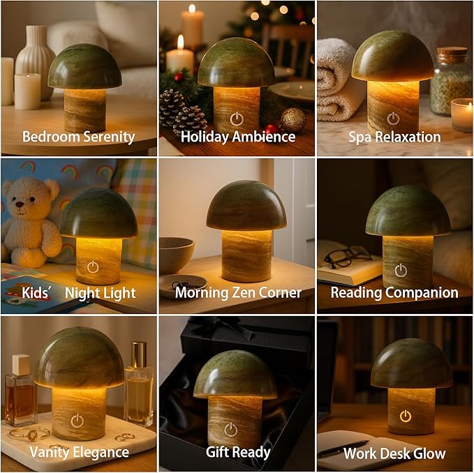 Natural Stone Mushroom Lamp - Jade Gemstone Night Light with LED, Touch Control 3 Brightness, USB Rechargeable Bedside Table Decor Gift - Bloomnest