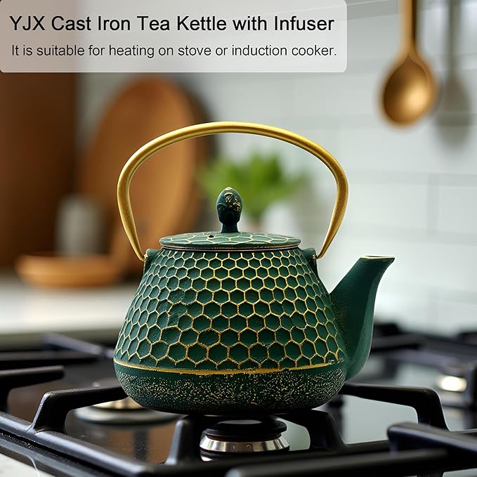 YJX Cast Iron Teapot and Cups Set, 33.8oz Hexagon Pattern Tea Pot Enameled Interior, Tea Kettle for Stovetop, Japanese Teapot Set with Teacups for Adults, Green Kettle with Infuser for Loose Leaf - Bloomnest