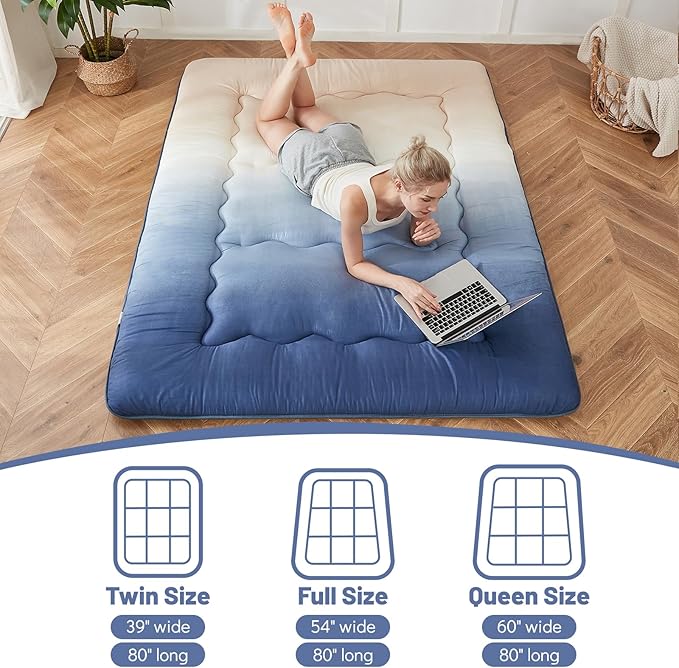 Japanese Floor Mattress, Futon Mattress with Portable Storage Bag and Washable Cover, Roll Up Thick Tatami Mat Suitable for Camping, Guest Room (Coastal Gradient, Full) - Bloomnest