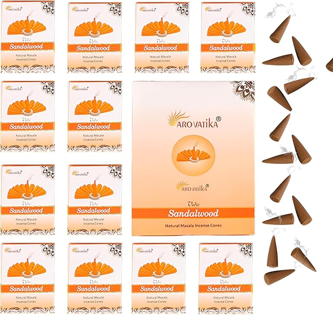 ARO VATIKA Vedic Sandalwood Natural Masala 120 Incense Cones in Pack of 12 Boxes |12 Assorted Fragrances Dhoop Cones | Best for Prayer, Reiki, Meditation and Relaxation | Burn time- 25 Mins AROVATIKA