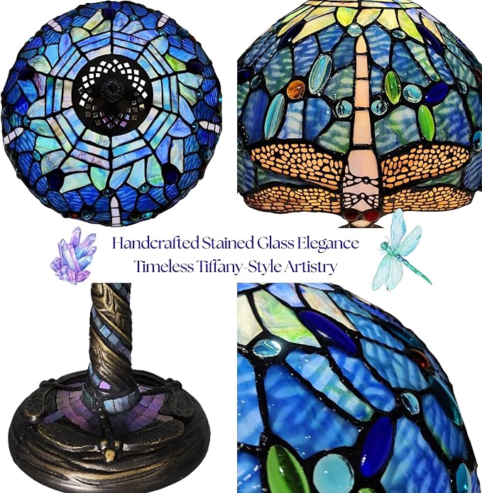 Tiffany-Style Table Lamp, 12" Blue Dragonfly Handmade Stained Glass Lamp Shade, Vintage Reading Light for Bedroom Living Room, LED Bulb Included - Bloomnest