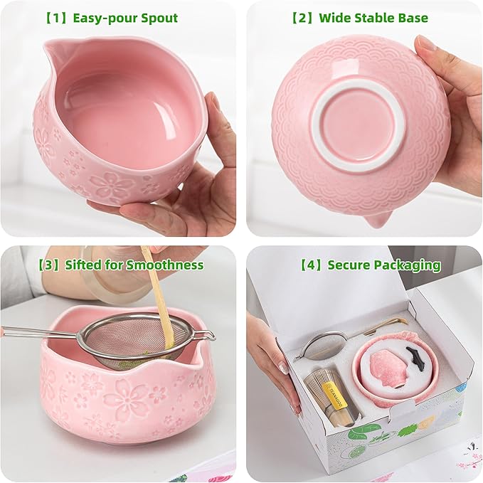 TEANAGOO 7-PCS Pink Matcha Whisk Set with Cherry Blossom Design, Complete Ceremony Kit, Ceramic Chawan Bowl with Spout, Whisk & Accessories, Traditional Matcha Tea Set for Lattes& Gift Giving - Bloomnest