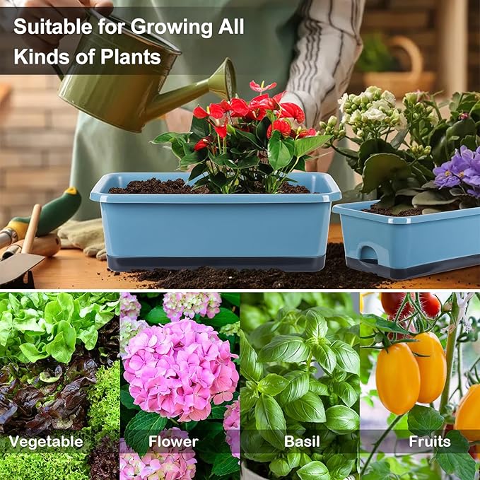 Window Box Planter 6 Pcs, 17 Inches Rectangle Flower Pots with Drainage Holes and Trays, Vegetable Planters for Windowsill Patio Garden Balcony Home Indoor Outdoor (Blue, 18 * 10 * 6 inch) - Bloomnest
