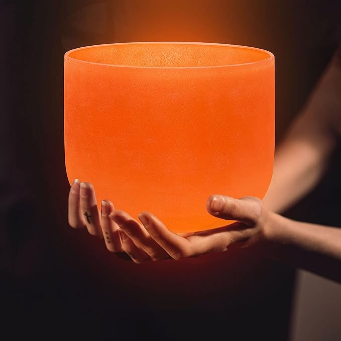 TOPFUND 440 Hz Orange D# Note Crystal Singing Bowl Navel Chakra 10 inch with Heavy Duty Carrying Case and Suede Mallet