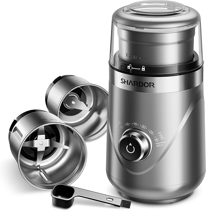 SHARDOR Electric Super Silent Blade Coffee Grinder, Timed Grind Control Rotary Knob, Adjustable Coarse to Fine for Coffee Beans, Spices & Herbs, with 2 Removable Stainless Steel Bowl, Silver - Bloomnest