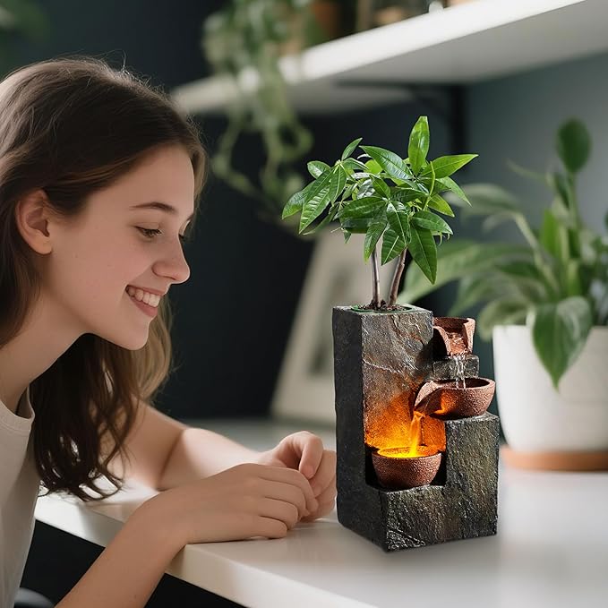Tabletop Indoor Water Fountain – 3-Tier Rock Waterfall Fountain with Warm LED Light and DIY Planting Pot – Relaxing Small Water Feature for Desk or Home Decor (23061) - Bloomnest