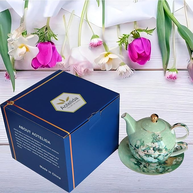 Porcelain 13 OZ Tea for One Teapot and Cup Set Vintage Floral Ceramic Tea Set European Style Tea pot and Saucer Set (White Roses) - Bloomnest