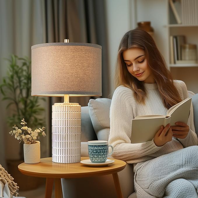 23" Set of 2 Ceramic Table Lamps, Farmhouse Bedside Lamp for Bedroom Living Room Nightstand Entryway, Side Table Lamps Modern Desk Lamp, 2 LED Bulbs Included (Gray) - Bloomnest