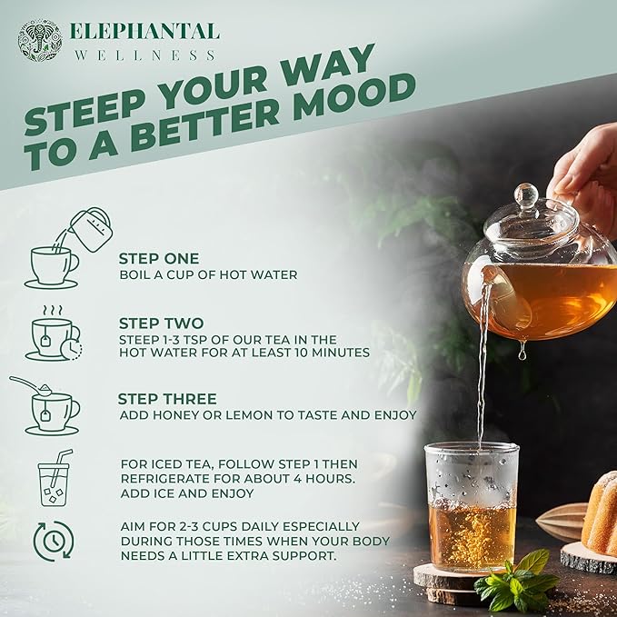 Elephantal Wellness Premium Joy Herbal Tea | Mood & Emotional Balance Support with St. John’s Wort, Kava, Ginkgo & Lavender | Handmade, Non-GMO, Caffeine-Free Loose Leaf Blend, 2oz, 20 Servings - Bloomnest
