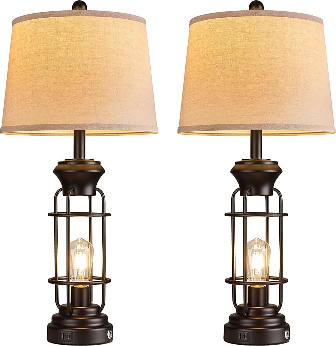 Black Table Lamps Set of 2, 28.5" Farmhouse Lamps for Living Room with USB C+A Ports, Touch Lamps for Bedroom, LED Bulbs Included - Bloomnest
