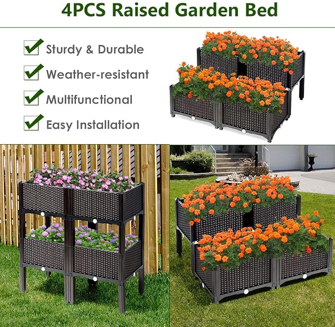 S AFSTAR Raised Garden Bed Kit, Set of 4, Elevated Planter Boxes with Self-Watering Design & Removable Legs, Outdoor Plastic Planter Box for Patio Yard Balcony Gardening, Rattan Pattern (Brown) - Bloomnest