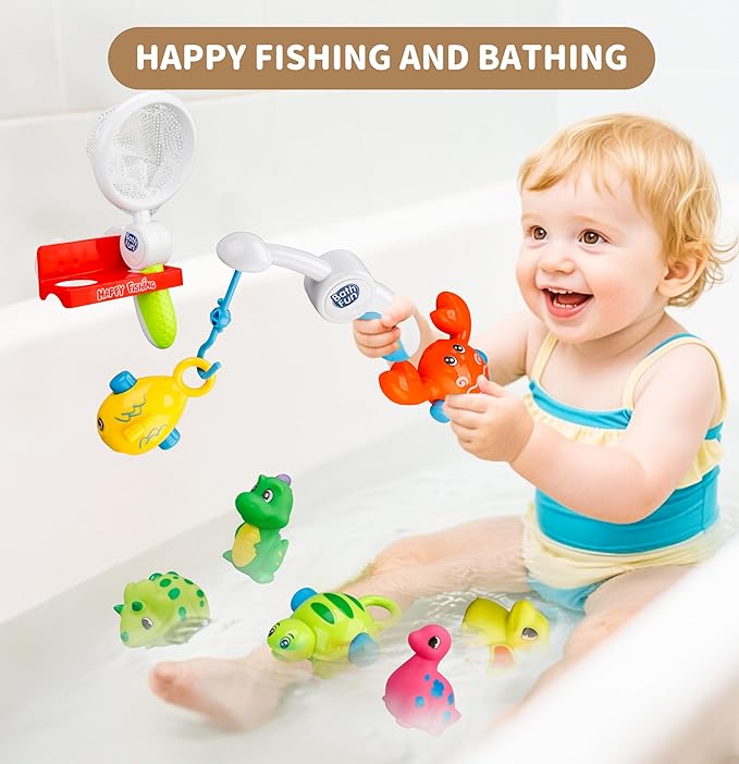 Bath Toys Set, Toddlers Bath Toys 1-3, Kid Bathtub Toy with 4pcs Dinosaur Water Spray, Fishing Games with Fish Net, Water Pool Toy , Shower Toy Gift for Boy Girl Infant - Bloomnest