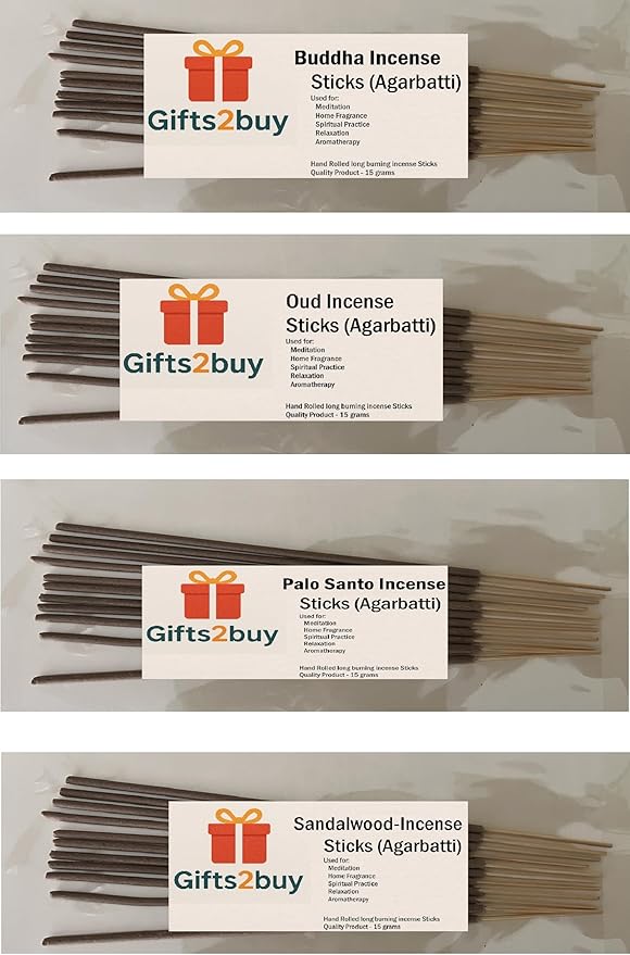 Gifts2buy Premium Incense Sticks Pack, 4 Fragrances - Buddha, Oud, Palo Santo, Sandalwood, 11 Sticks of 15 Grams per Fragrance, for Meditation and Aromatherapy