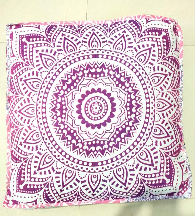 INDIAN CRAFT CASTLE 24" Pink Ombre Mandala Barmeri Large Floor Pillow Cover Cushion Meditation Seating Ottoman Throw Cover Hippie Decorative Zipped Bohemian Pouf Ottoman Pom Pom Cases 24" Square - Bloomnest