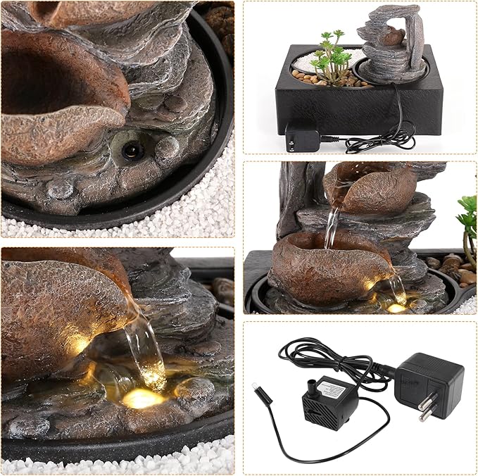 WICHEMI Water Fountains Indoor Waterfall Fountain Tabletop Fountain with LED Light Water Feature Indoor Zen Meditation Relaxation Desktop Fountains for Home and Office Indoor Spaces Decor